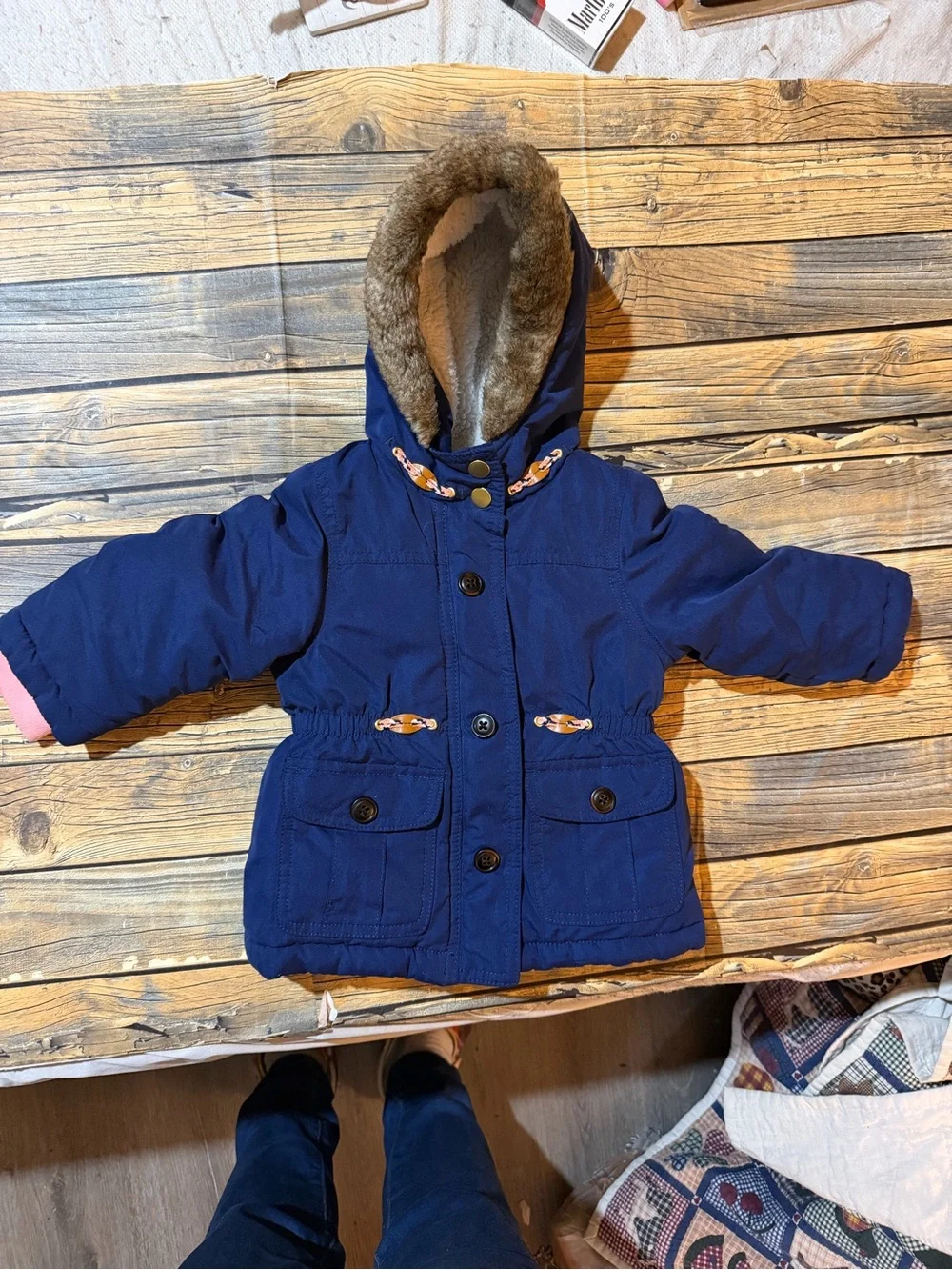 Carter's‎ Navy Blue Hooded Pea Coat with Faux Fur Trim